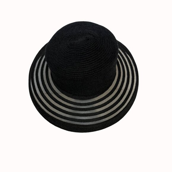 Black Wide Brim Sun Hat Sheer Stripe Beach Elegant Summer Floppy Resort Chic - Picture 16 of 16